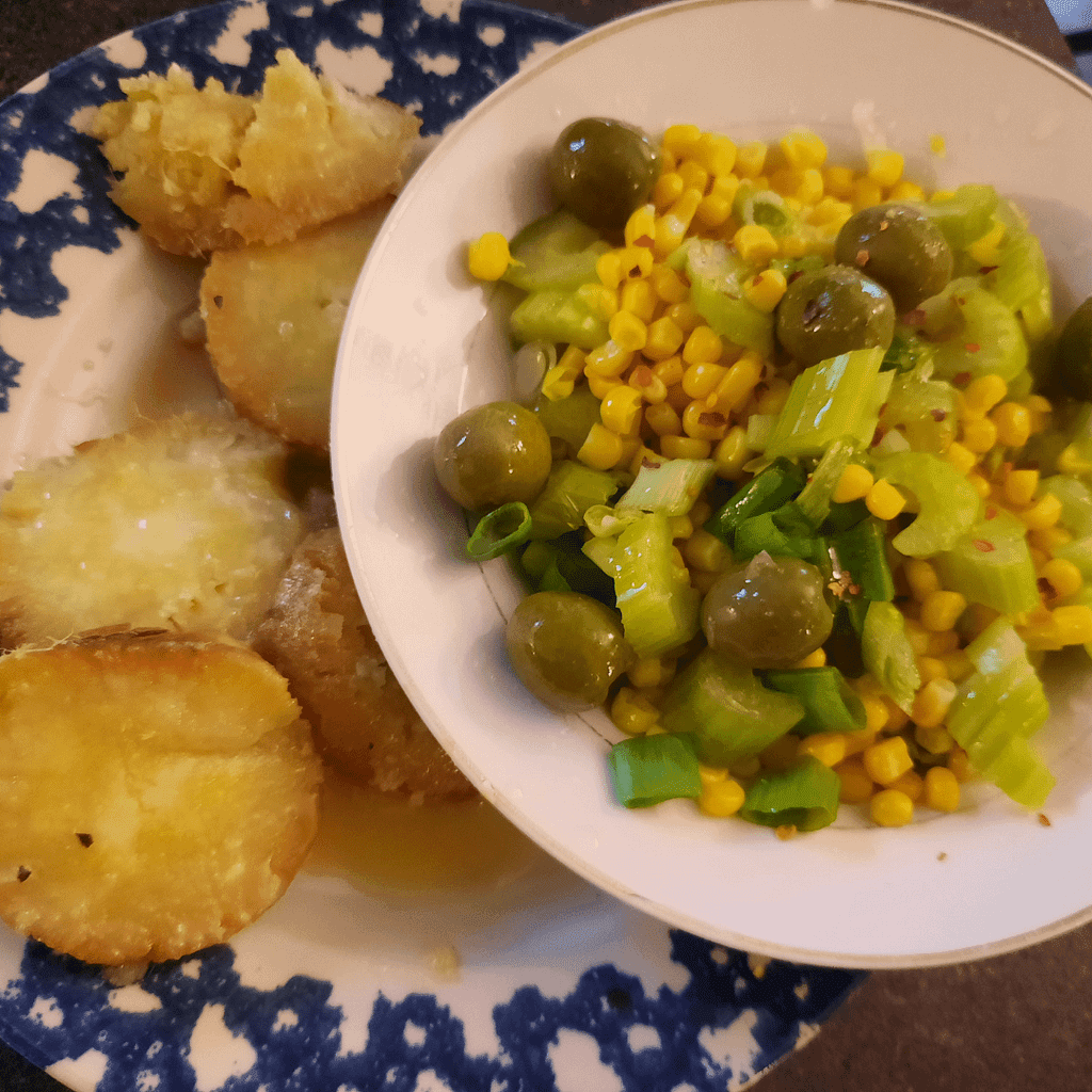 Portion Control, Asian Sweet Potato with Corn Salad, Celery, Green Olives