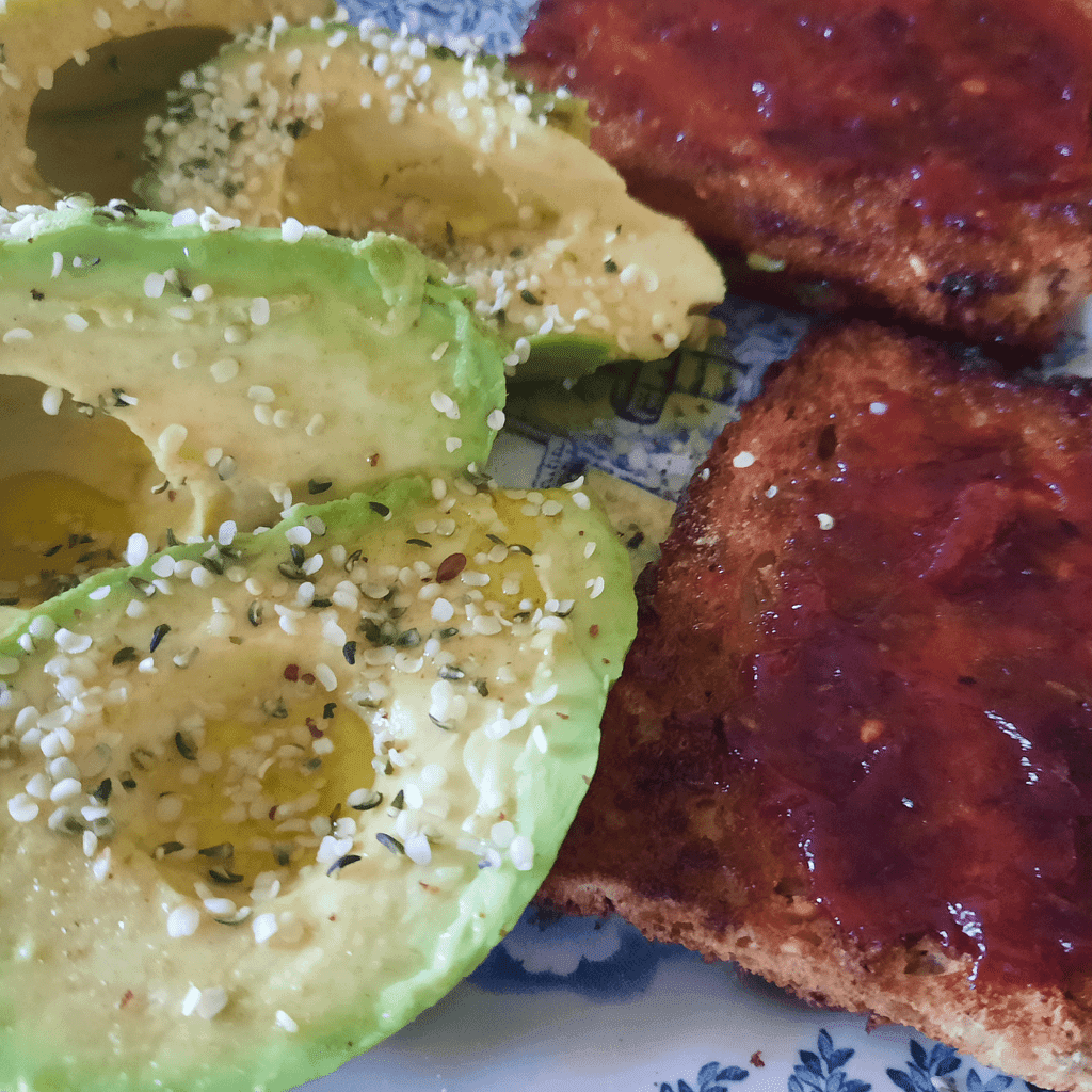 Healthy Fats, Nutritious Avocado on Whole Grain Toast Coconut Oil n Fruit Spread