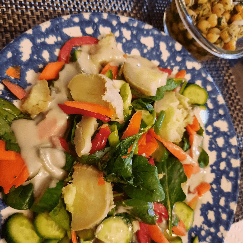 Digestion Friendly Asian Sweet Potato in Salad of Greens, Carrots, Cucumbers