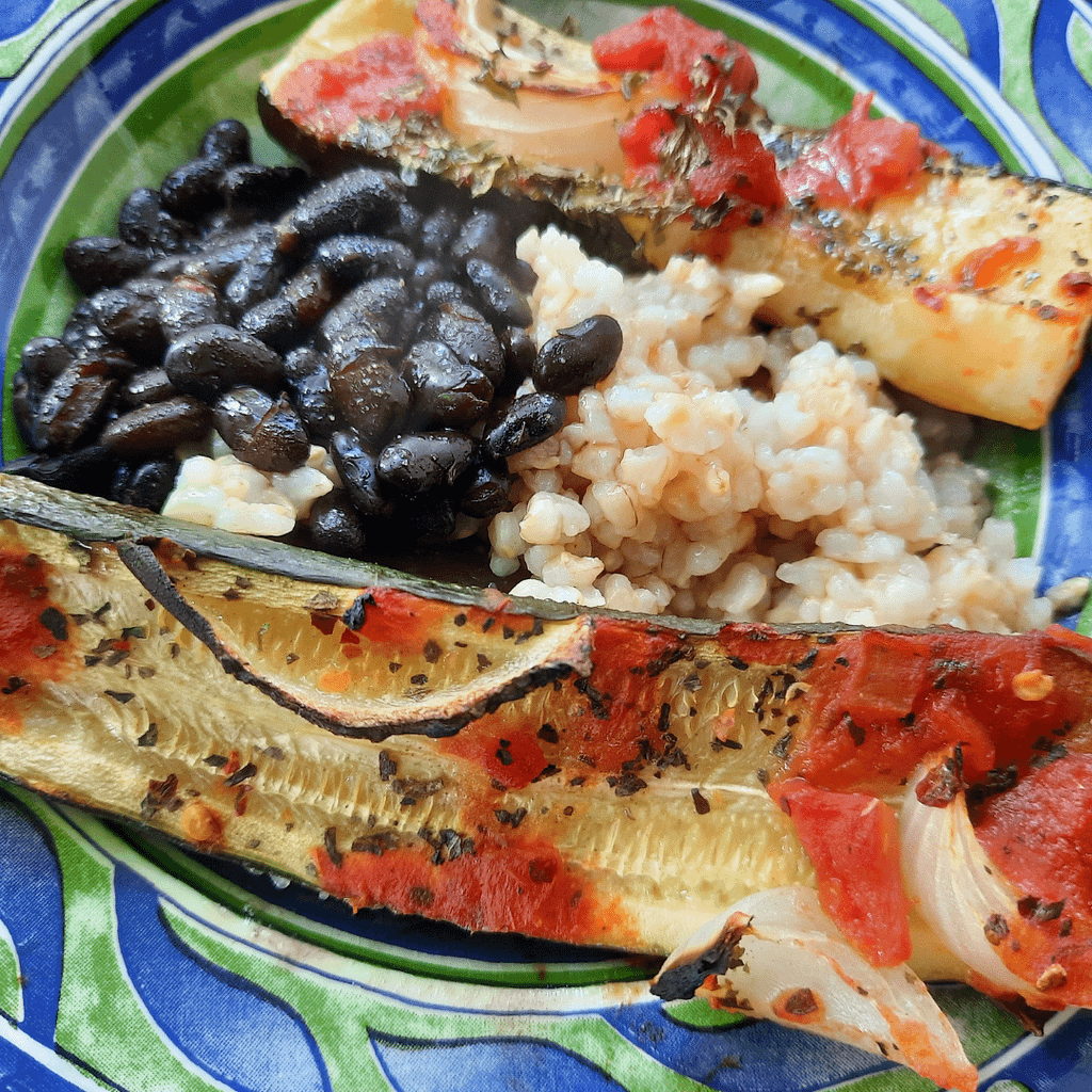 Portion Control, Protein-rich black beans, brown rice, zucchini tomatoes